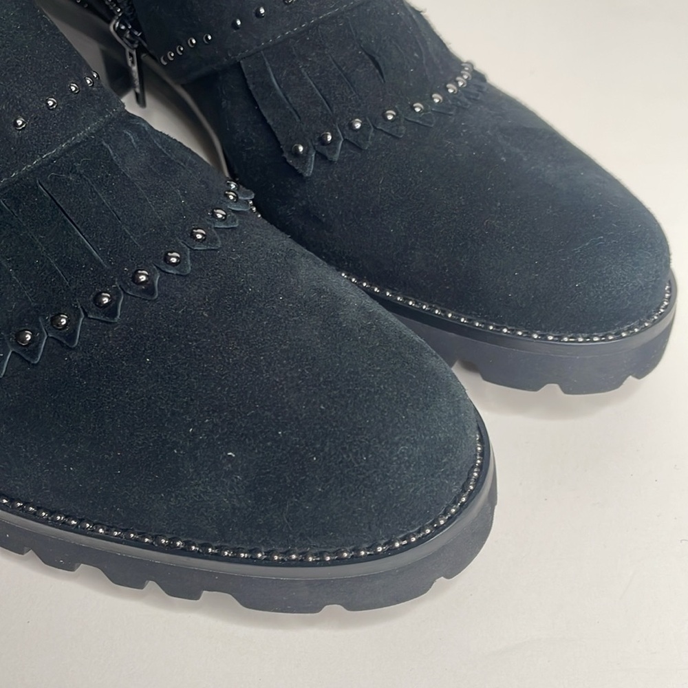 Vaneli M black suede leather kiltie ankle boot with silver toned studs, size 8N - Picture 3 of 11